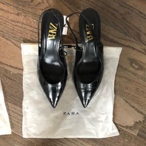 Black Zara Crocodile Kitten Heels - Brand New